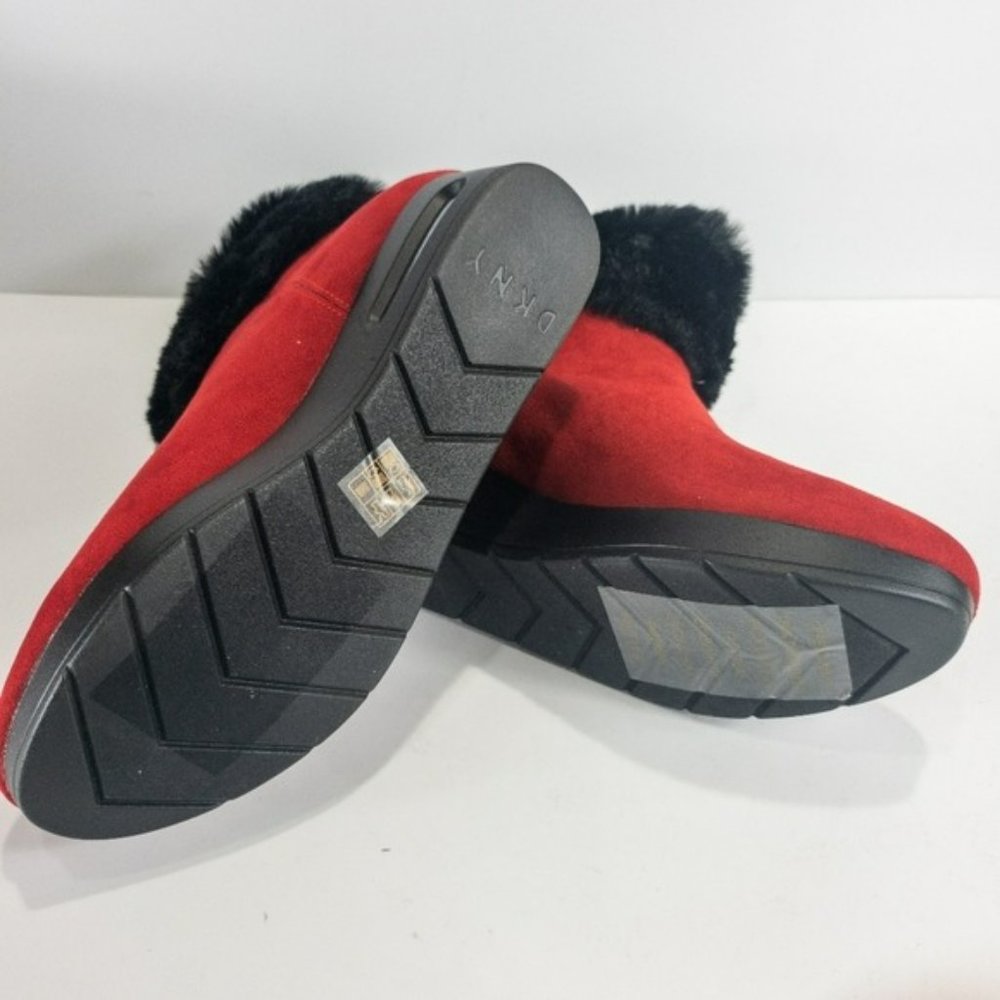 DKNY Abri Faux Suede Faux Fur Booties Red -6 - Picture 6 of 6